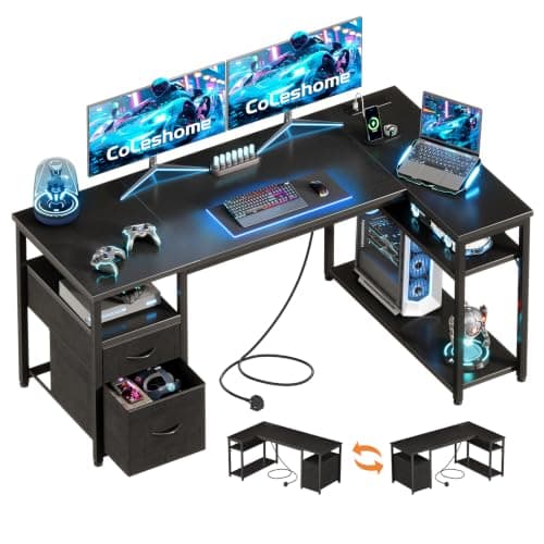 Coleshome Corner Computer Desk with Drawers and Shelves, 140×80 cm, Black