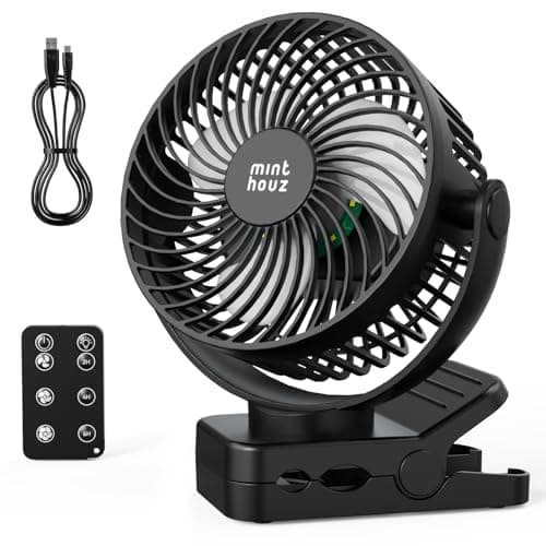 Minthouz 12000mAh Portable USB Fan, Rechargeable Clip On Fan with Remote, 45H Battery Life, Quiet Operation, 3 Speeds & Lights, 360° Rotation, Timer, for Desk/Camping/Stroller (Black)