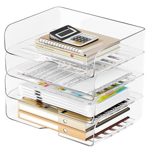 Tomorotec Desk Letter Tray Set 4-Pack, A4 Size Clear PET Stackable Document Organizer Office Desktop File Paper Holder Book Storage Rack Side Load Anti-Skid Stacking Support Convex Bottom Grooved Snap