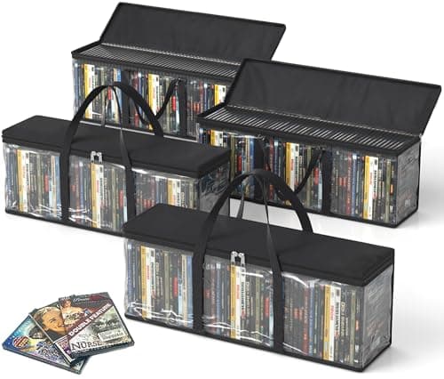 DVD Storage Bags, DVD Storage Boxes with Carrying Handles, Media Organizer Bags for DVDs, CDs, Blu Ray Discs, Movie Cases, VHS Boxes, Video Game Disks, Albums, Books (Black, 4Pack)