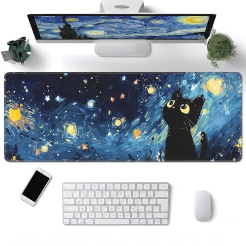 Vesavifaka Large Mouse Pad, Extended Desk Mat, 800x300x3 MM Cute Desk Mat Pad Protector for Work & Gaming, Aesthetic Anti-Slip Laptop Cover for Office School Home Supplies, Starry Night Cat