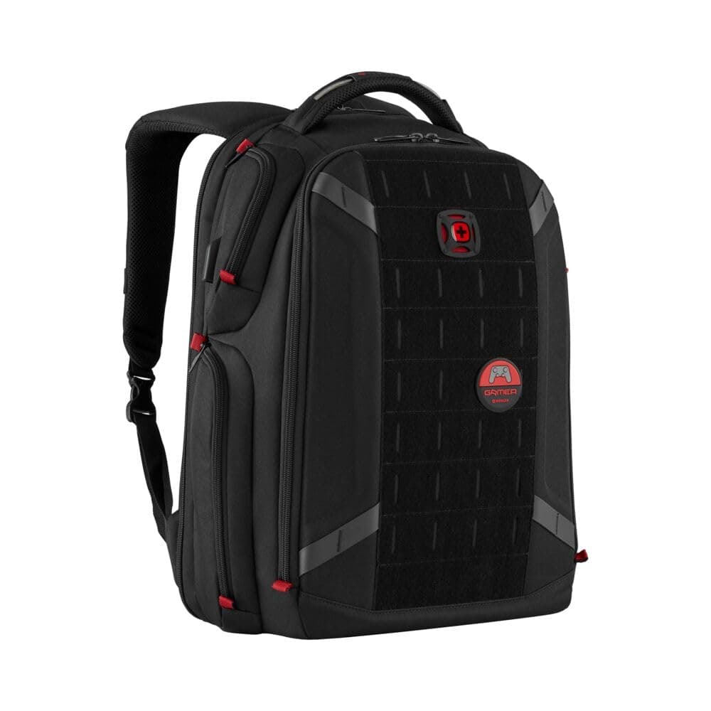 Wenger PlayerOne Gaming Laptop Backpack 17.3-Inch – 29L Tech Organizer Bag with Padded Laptop, Headset & Keypad Compartments, EVA‑Reinforced Front, Cooling Mesh Inserts & USB Port – Black