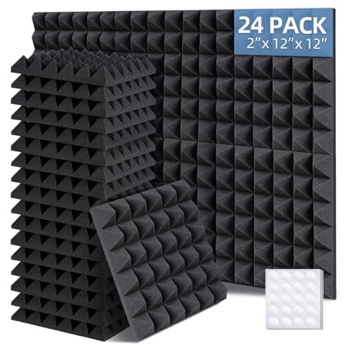 Ohuhu Sound Proofing Panels 24 Pack, 2"x12"x12" Acoustic Foam Panels Pyramid with Double Sided Tape, Fire Retardant High Density Eco-friendly Acoustic Wall Panels for Studio Office Home