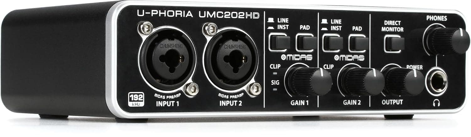 Behringer UMC202HD Audiophile 2x2, 24-Bit/192 kHz USB Audio Interface with Midas Mic Preamplifiers | For Recording Microphones and Instruments
