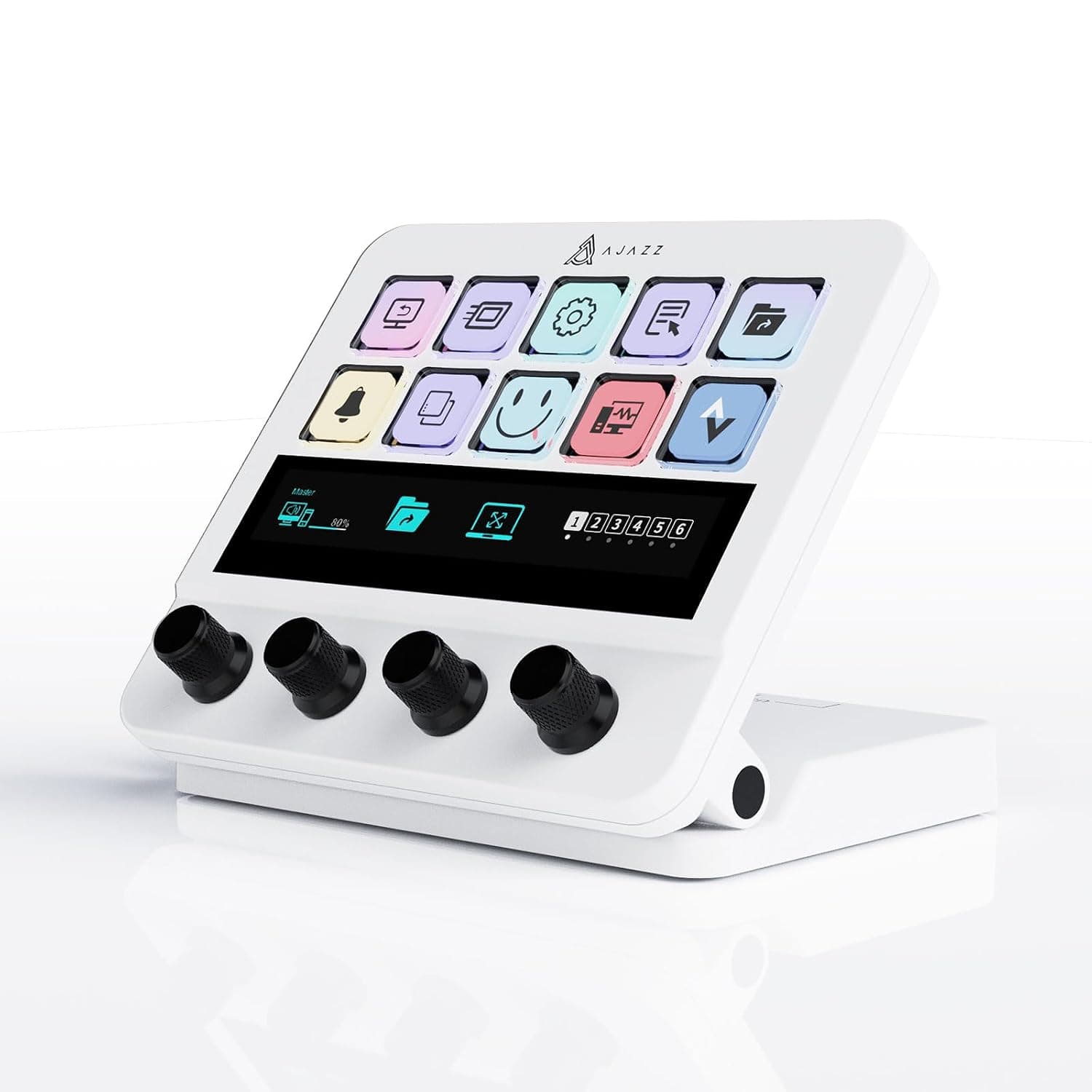 AJAZZ AKP05E Wired Macro Keypad Stream Controller Deck, Gaming Shortcut Keyboard with 10 Programmable Keys and 4 Knobs, Customizable Touchscreen, for YouTube, Desk Office Setup, Laptop, PC, White