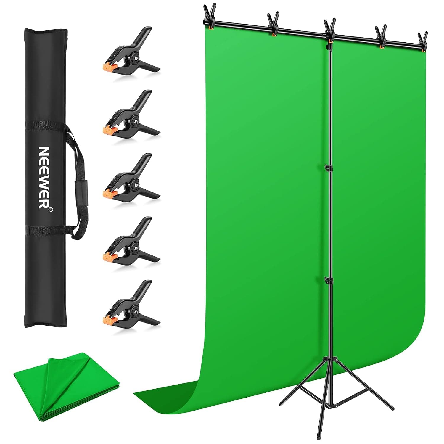 Neewer Green Screen Backdrop Stand Kit, 5x8ft Chromakey Green Photography Background with 5x6.6ft T-Shape Backdrop Stand, 5 Clamps and Carrying Bag for Gaming/YouTube/Video Conferencing/Photography