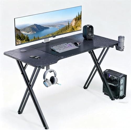 SAILUN Gaming Desk without LED Lights X-Frame Computer Desk 140cm Gaming Table with Cup Holder and Headphone Hook PC Desk for Gaming Room, Bedroom, Office, Small Space, Black