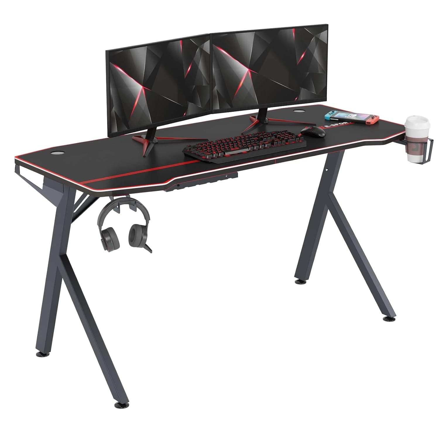 DlandHome 55inch Gaming Desk Computer Desk Table with Full Covered Mouse Pad, Headphone Hook, Cup Holder and Cable Management Ergonomic Modern Gamer Tables Workstation, Black