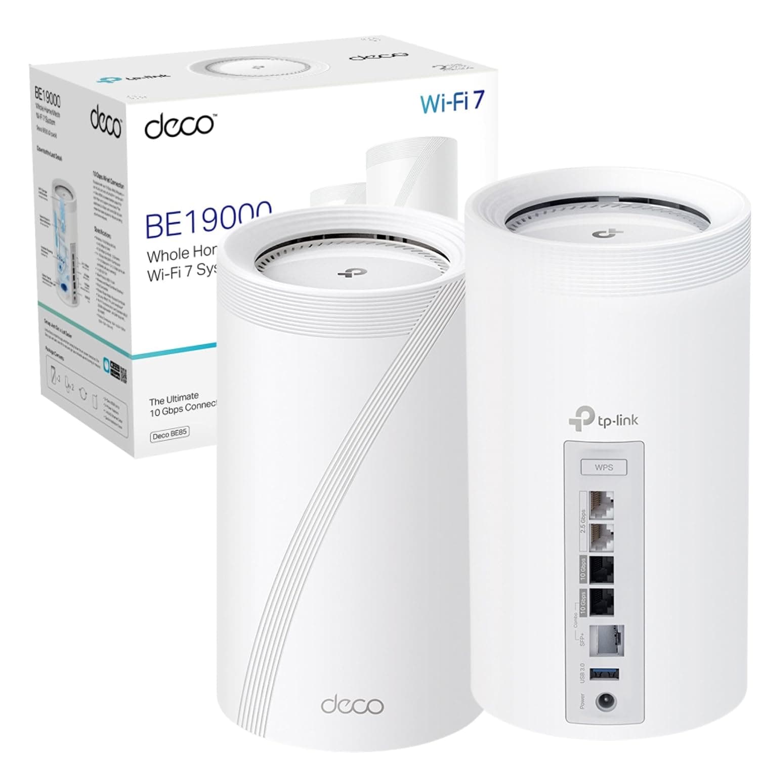 TP-Link Deco BE85(2-pack) BE19000 Tri-Band Whole Home Mesh WiFi 7 System | 2 * 10Gbps Ports, 6GHz Band, AI-Roaming WiFi Router Extender Booster, MLO, 4K-QAM, IoT WiFi, HomeShield, VPN, Alexa&Google