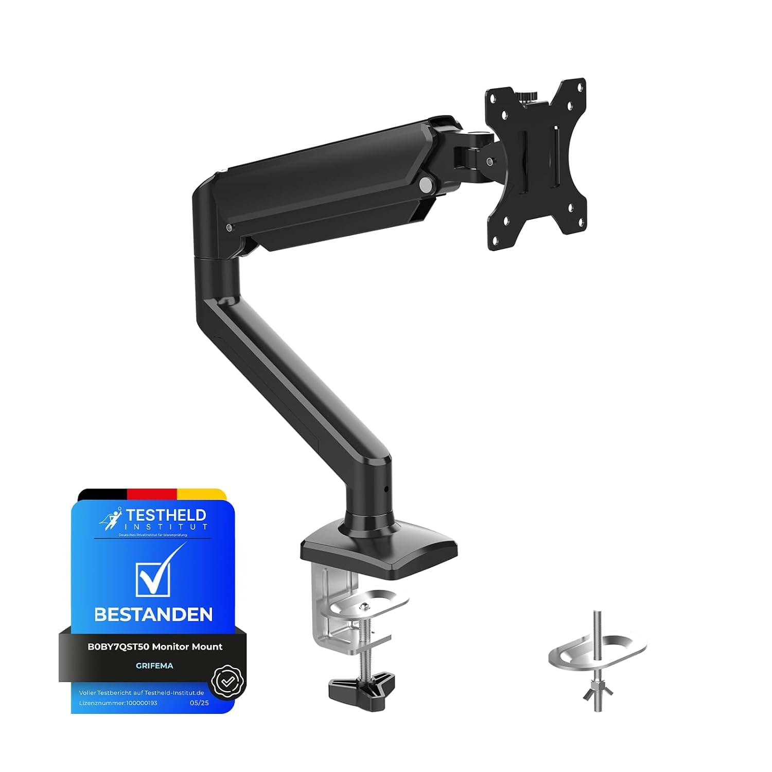 GRIFEMA GB2003-1 Single Monitor Arm 13"-32" VESA 75/100 Desk Mount | Gas Spring, Height Adjustable, Tilt Swivel Rotate, Weight Capacity 2-9kg, Desk Clamp