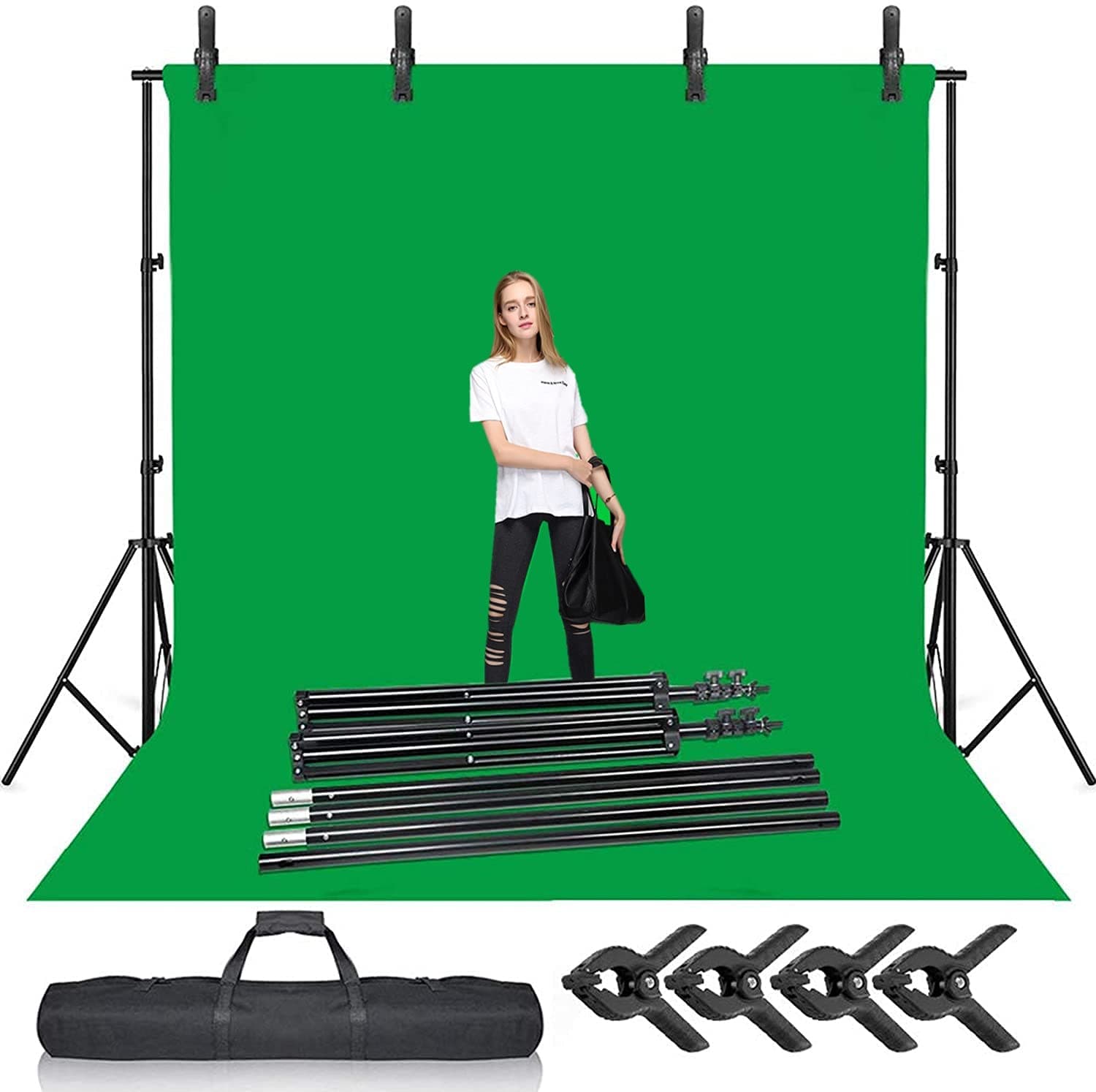 Selens Green Screen Backdrop Background with Stand Kit 2x3 m / 6.5x10 ft | Photography Support System, Muslin Chromakey Backdrop, with Clips Clamps, for Photo Studio Video Portrait Product Shooting
