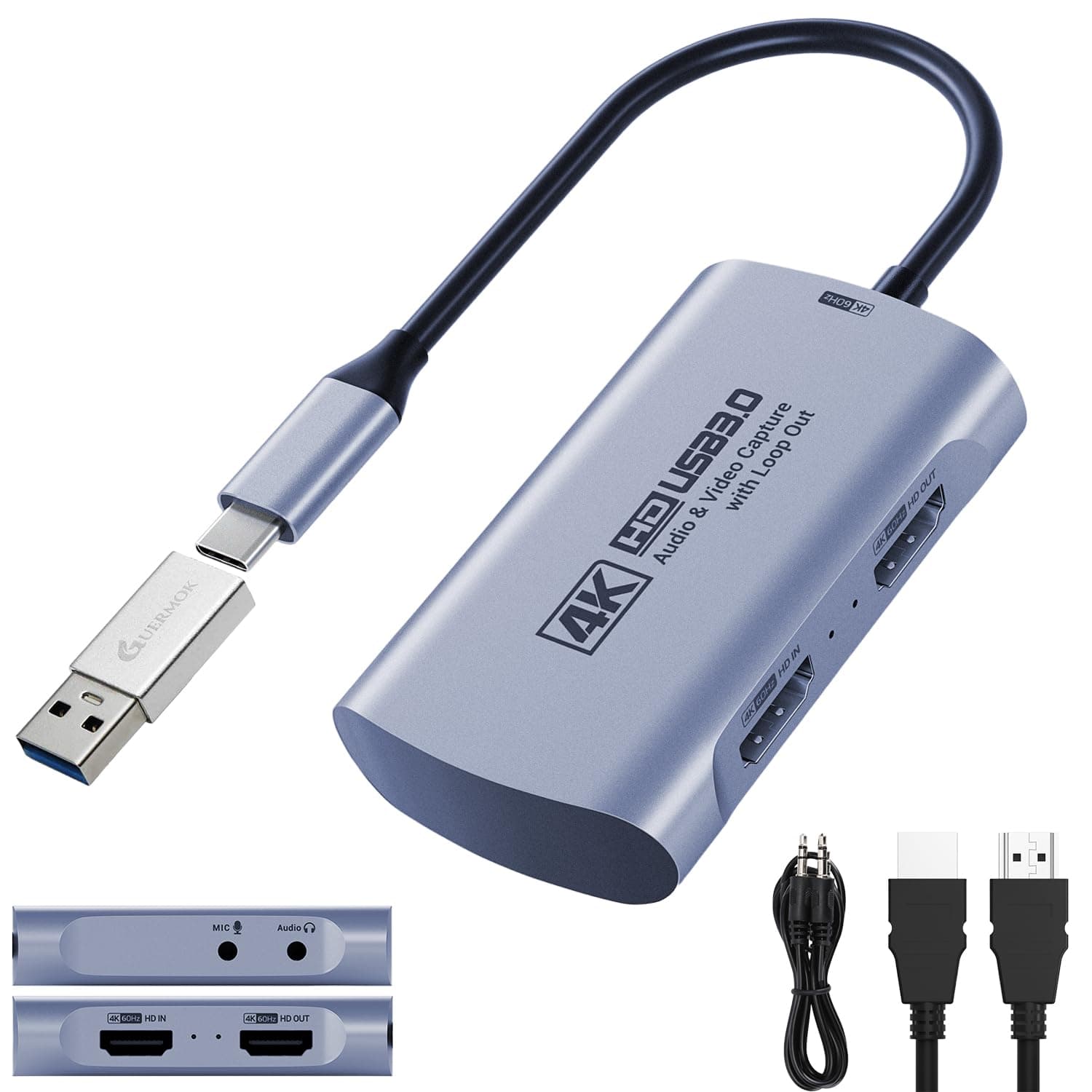 Guermok 4K@60FPS Capture Card for Streaming, 2K@120FPS USB3.0 HDMI Capture | for USBC Camera Video Capture, 4K60 Passthrough, 3.5mm Audio in & Mic Out, Works with Switch 2/1, PS5/4, Xbox, Pad, Mac, PC