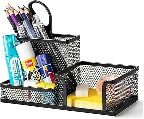 Mesh Desk Organiser Black Pencil Holder Tidy 3 Compartment Desktop Stationery Storage Tool Sticky Notes Organizer & Pen Holders Ideal For Bed Room Class Room & Office Table Accessories