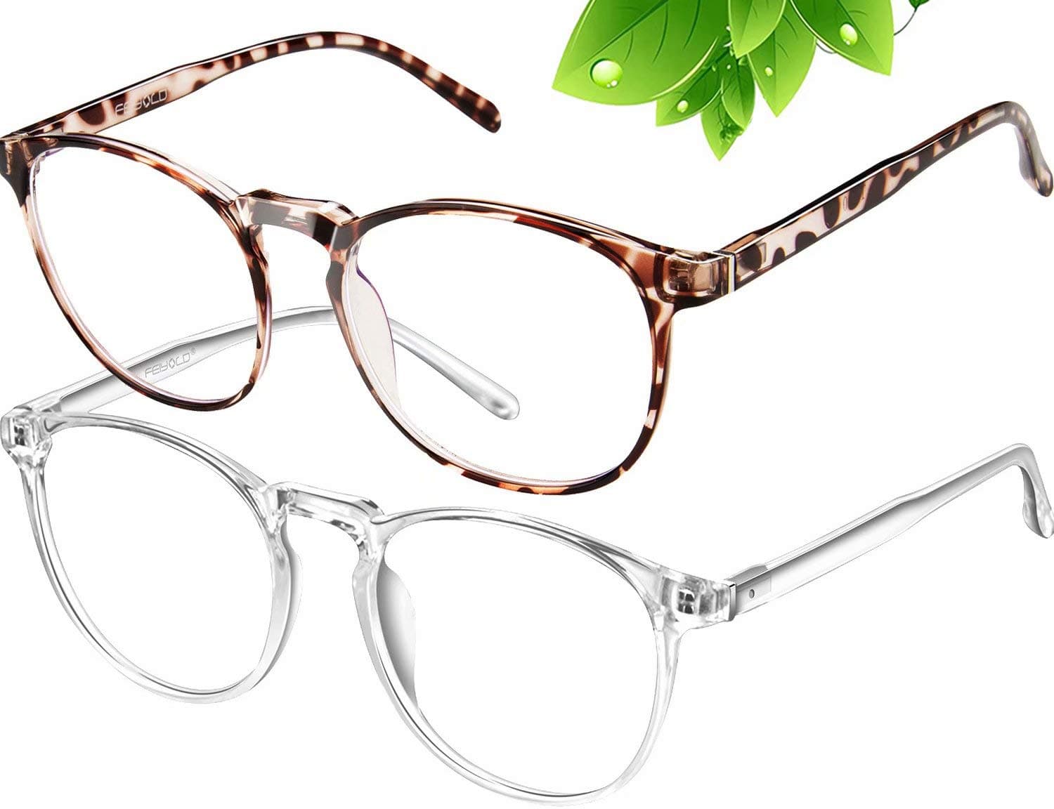 FEIYOLD Blue Light Blocking Glasses Women/Men,Retro Round Anti Eyestrain Computer Gaming Glasses(2Pack)