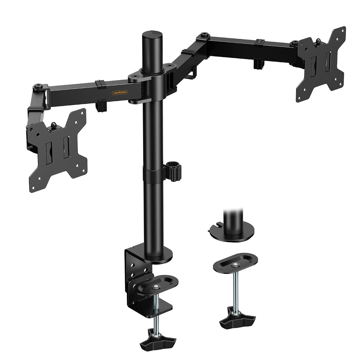 VonHaus Dual Monitor Stand for 13-32" Screens Twin Mount with Clamp | Fully Adjustable Tilt, Rotation & Swivel Arms. Fits VESA 75x75 & 100x100mm. Easy-assemble Height Adjustable Desktop Bracket