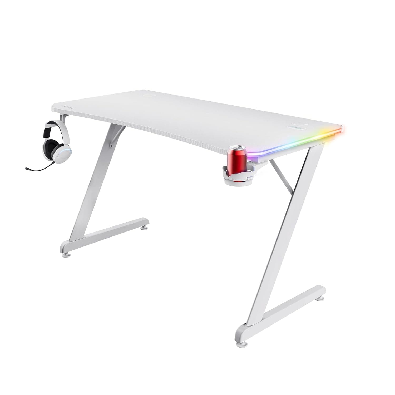 GXTrust Luminus RGB White Gaming Desk with LED Lights 120x60 Computer Table | 10 Colour Modes, USB Powered, Cup Holder, Headset Hook, for Office Study Work Video Games