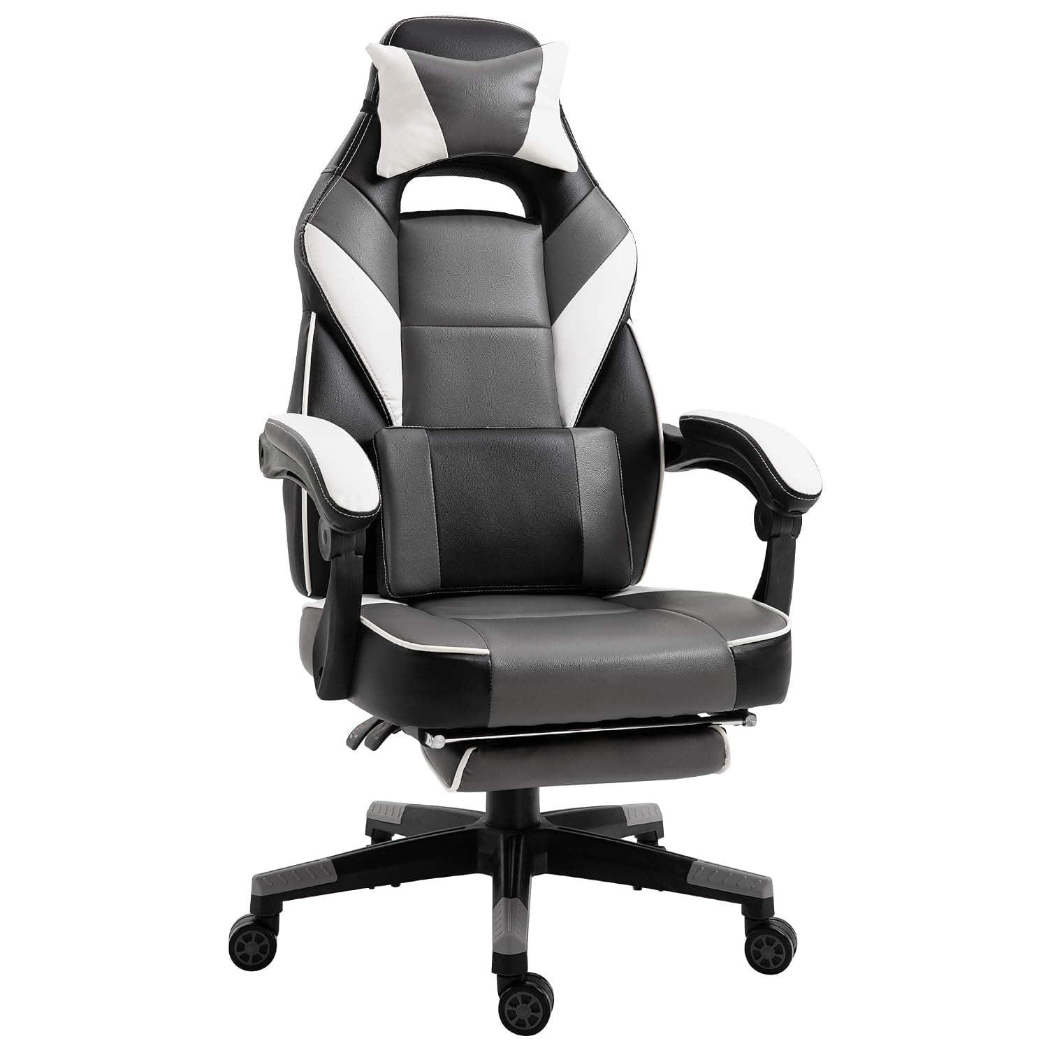 Vinsetto Gaming Chair Ergonomic Recliner w/Thick Padding Footrest Headrest Lumbar Pillow 5 Wheels Racing Swivel Height Adjustable Home Office Chair Grey