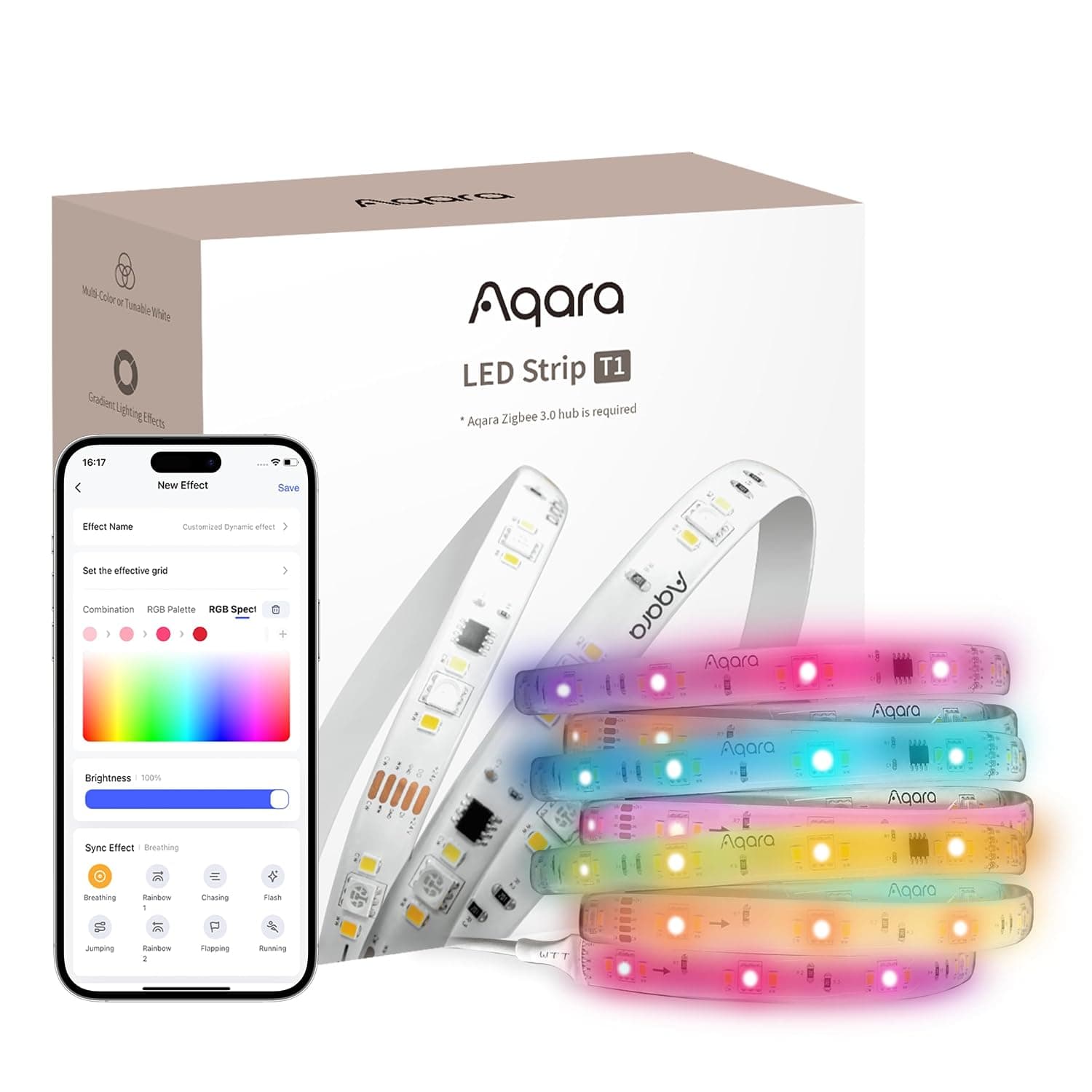 Aqara LED Strip T1, Matter Over Bridge, Requires Zigbee 3.0 HUB | 2M RGB+IC LED Strip Lights, 16 Million Colors/Tunable White/Gradient Effects, Supports Apple Home, Google Home, Alexa