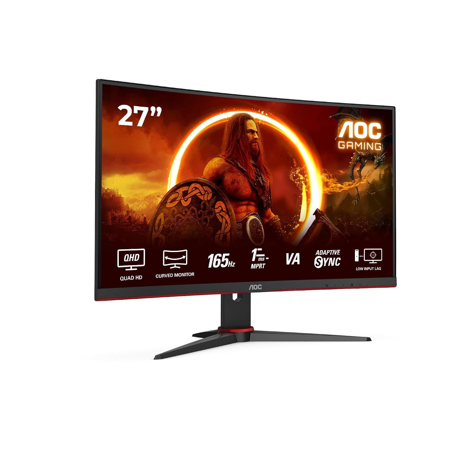 AOC CQ27G2SE/BK 27 inch WQHD Gaming Monitor Curved, 165Hz, VA Panel, 4ms GtG, HDR10, FreeSync Premium, (2560x1440 HDMI 2x 2.0 ) Black/Red