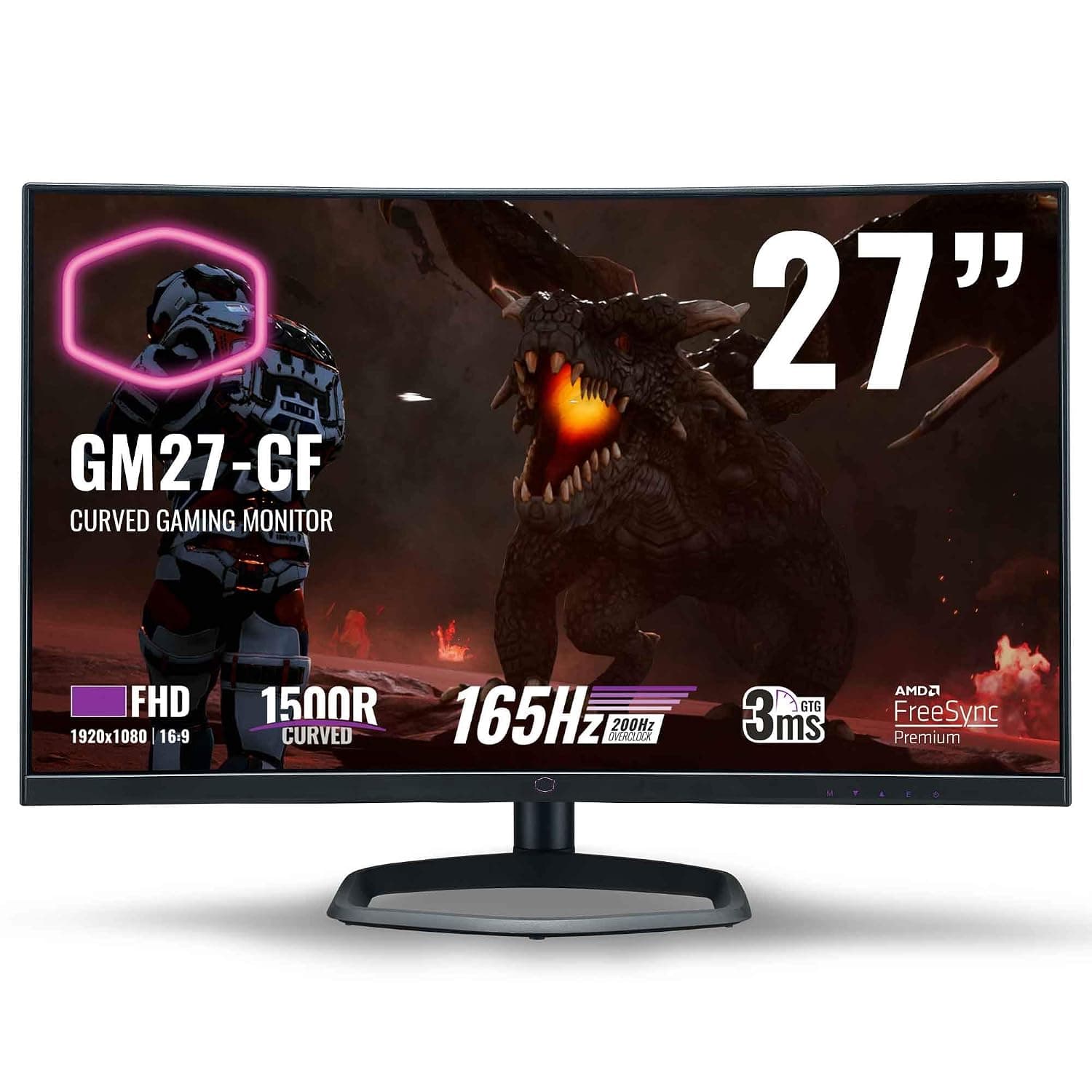 Cooler Master GM27-CF Curved Gaming Monitor - 27" 1500R FHD (1920x1080) 165Hz, 3ms GTG, VA Panel, AMD FreeSync Premium, Built-in Speakers, Aluminium Stand, DP & HDMI - UK Plug