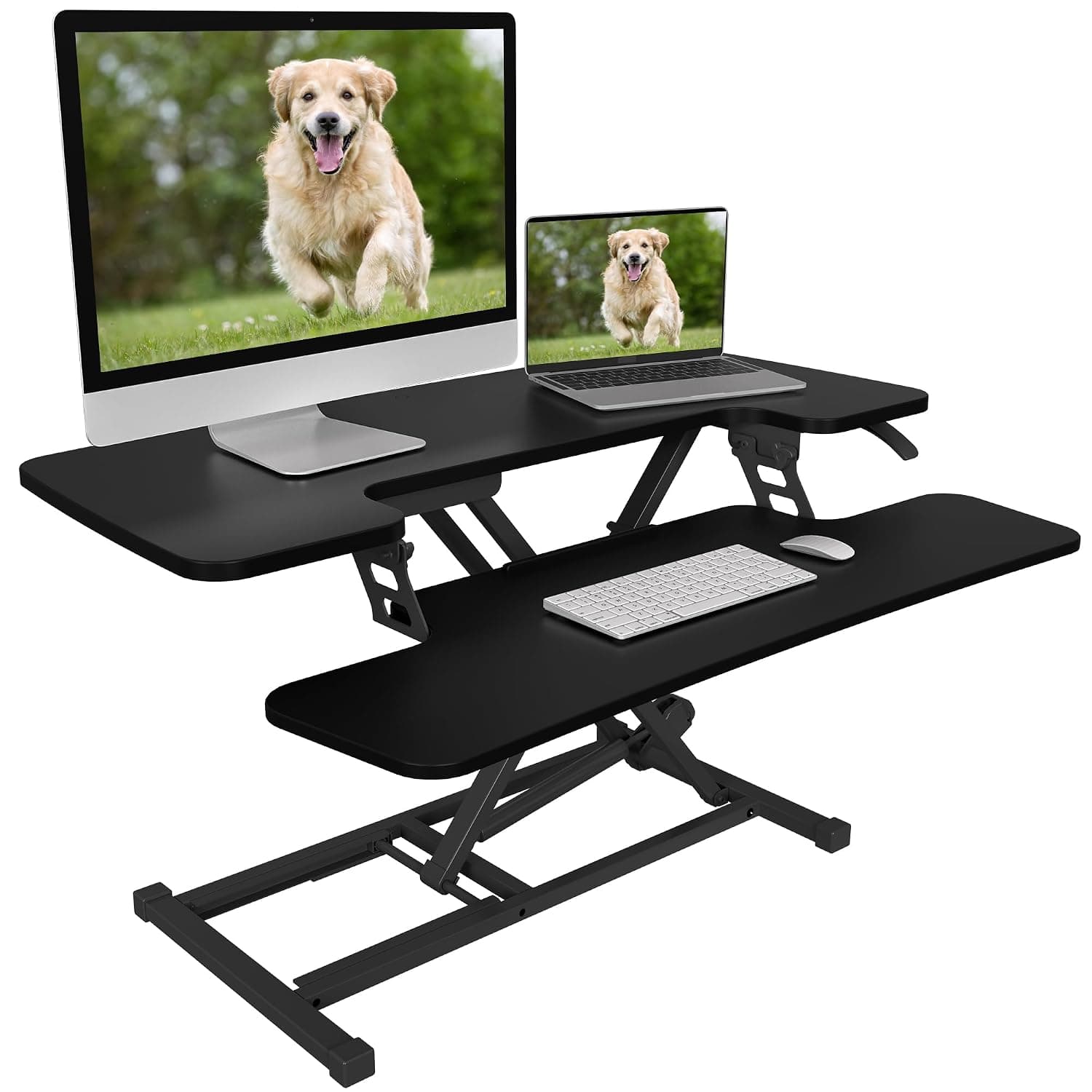 FLEXISPOT Standing Desk Converter Sit to Stand up Desk Riser with Dual Monitor and Laptop, Height Adjustable Computer Workstation with Wide Keyboard Tray, Black
