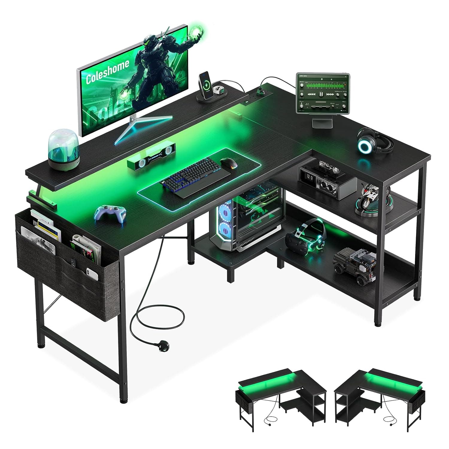 Coleshome L Shaped Gaming Desk with LED Lights & Power Outlet, 120x80 cm | Black Computer Desk with Shelves for Small Spaces, Corner Gaming Table with Monitor Stand for Work Play Home Office