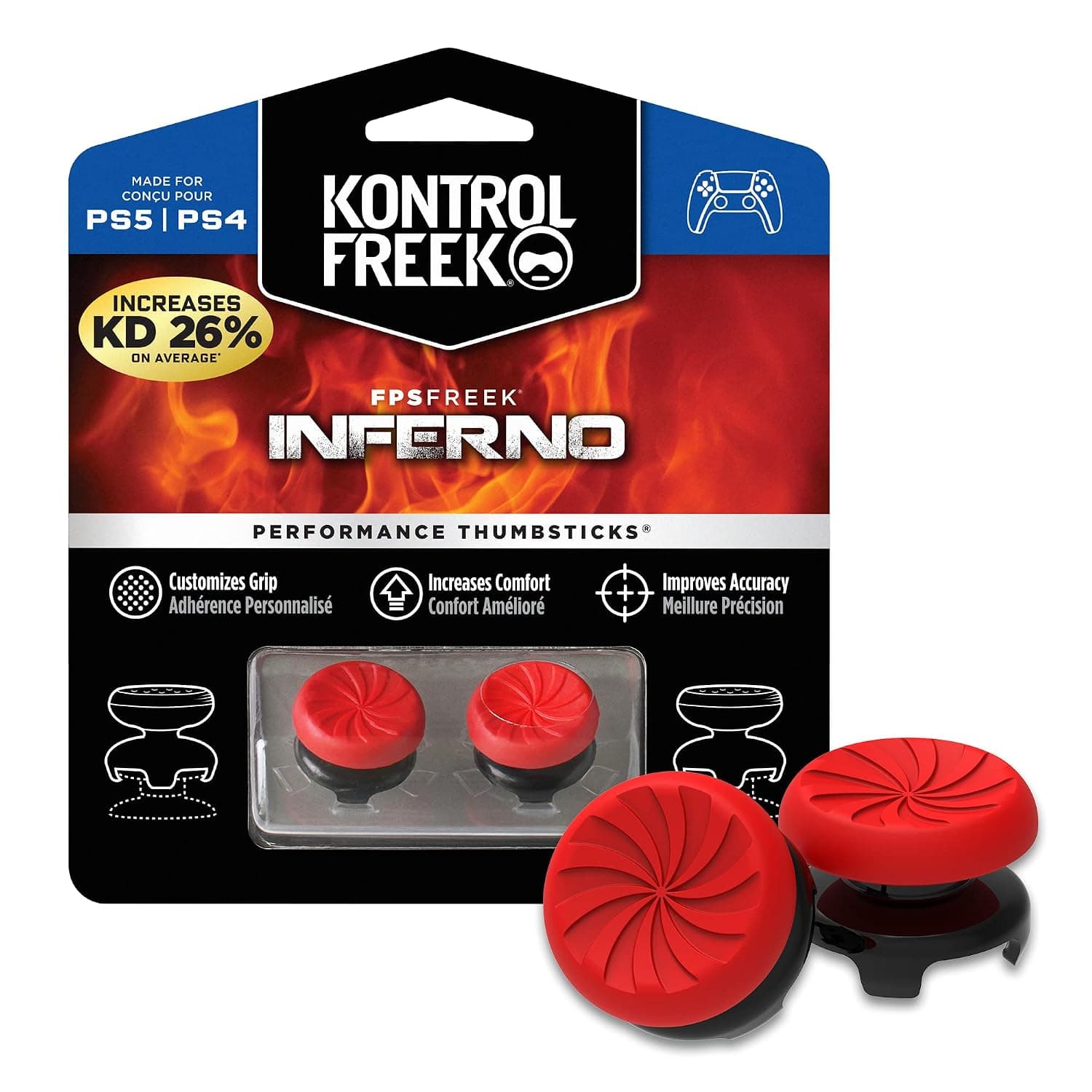 KontrolFreek FPS Freek Inferno for Playstation 4 (PS4) and PlayStation 5 (PS5) | Performance Thumbsticks | 2 High-Rise Concave | Red