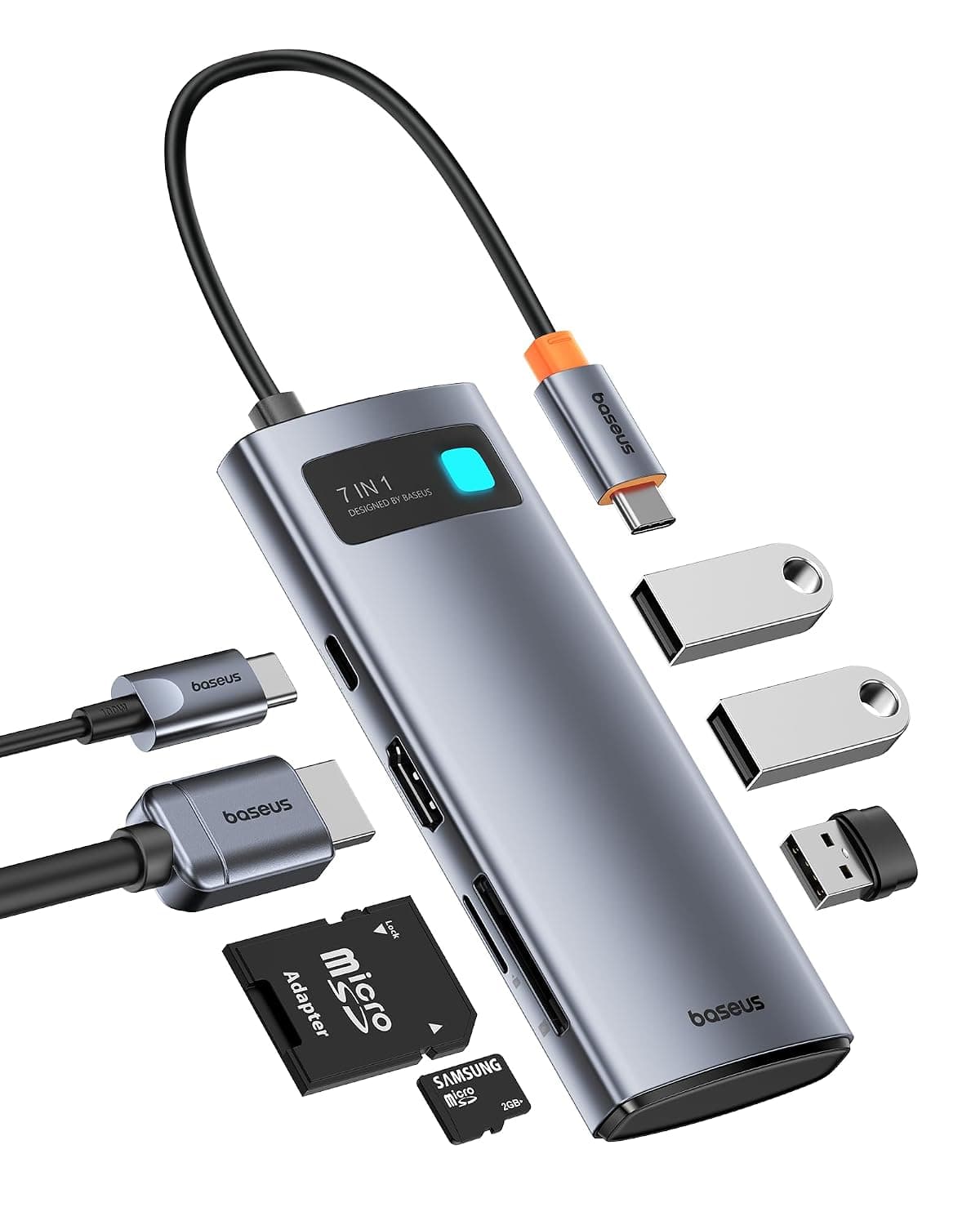 Baseus 4K USB C HDMI Adapter, 7-in-1 Docking Station: 3 USB-A, Card Reader, 100W PD, Compatible with iPhone 15, Mac, Dell, Acer, HP, ASUS, Steam Deck, Rog Ally