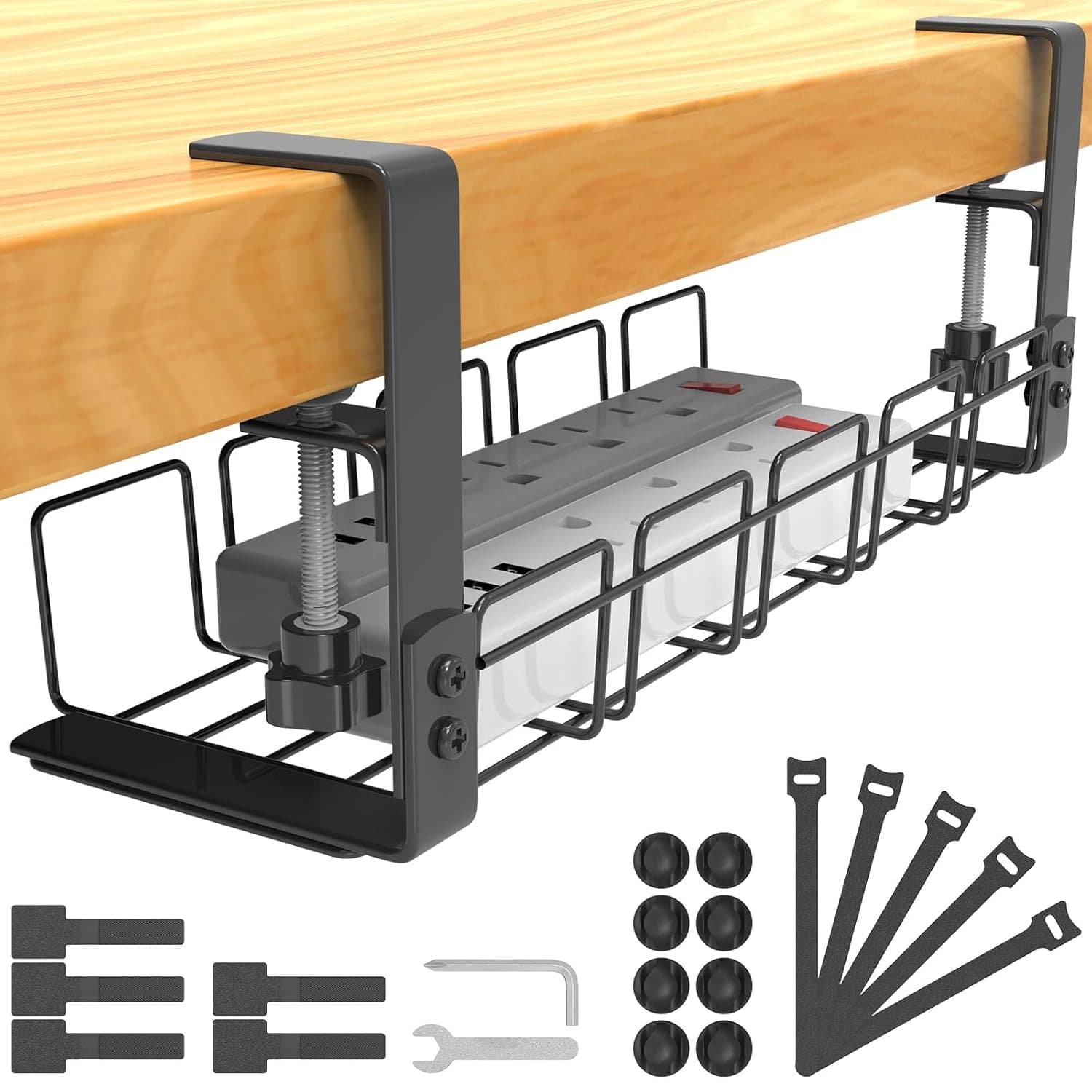 Cable Management Under Desk Tray No Drill, Table Cable Basket for Power Strips and Cables, No Screws Tidy Wire Organizer Clamp for Home, Office, Kitchen and Standing Desks, Black
