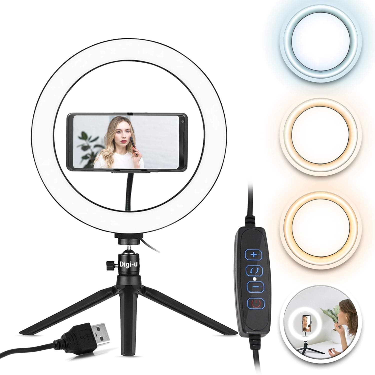 Digi-U LED Desk Ring Light – 10-inch Selfie Ring Light with Tripod Stand and Phone Holder – Photo Lighting Ring – Camera Lights, Streaming, Makeup and Selfies – Tripod with Ring Light