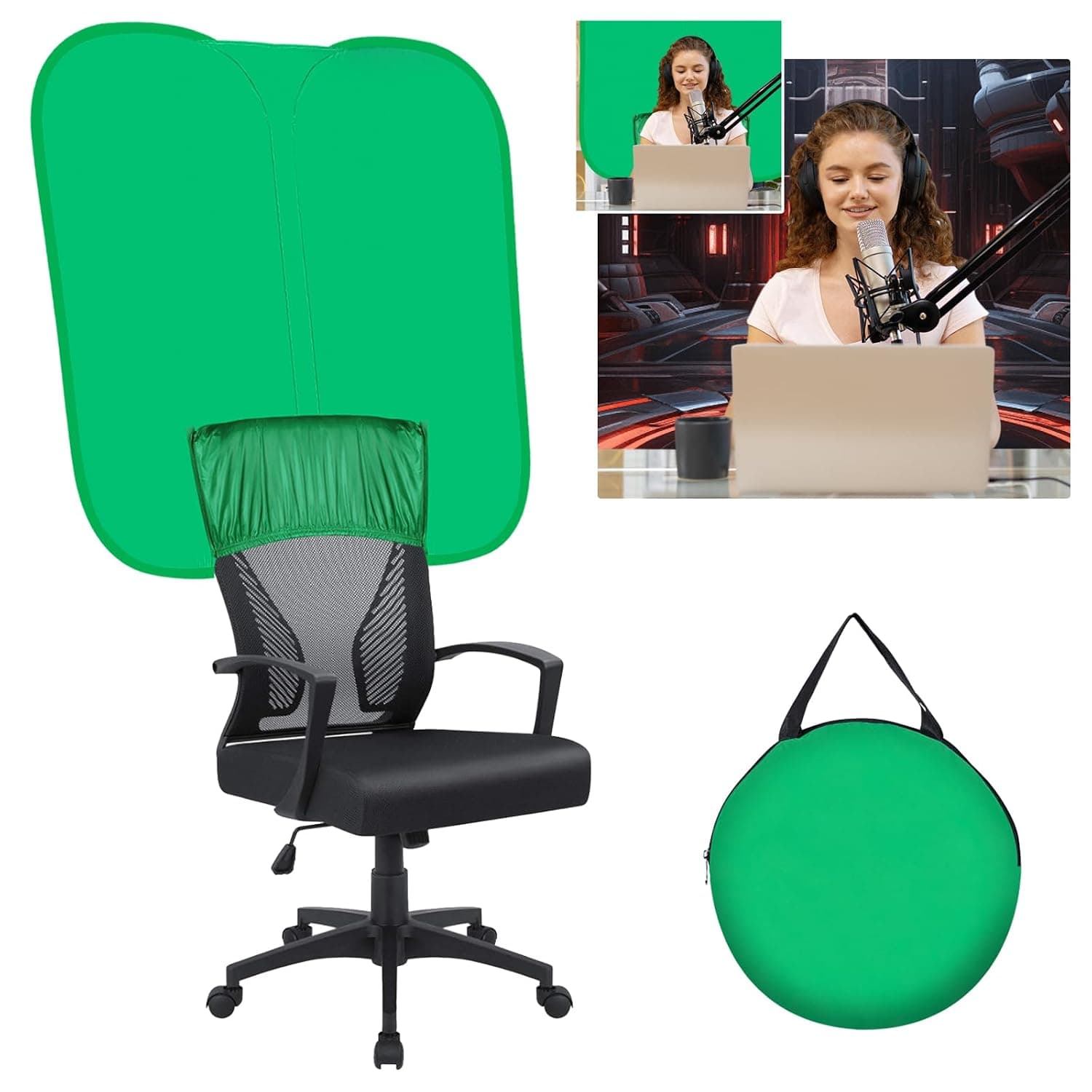 Green Screen Chair,Green Screen Background 1.03 m x 1.01m (3.3ft),Pop Up Portable Chromakey Backdrop with Stand,Collapsible Attachable Panel for Photo & Video Shooting, Live Streaming,Zoom,Gaming