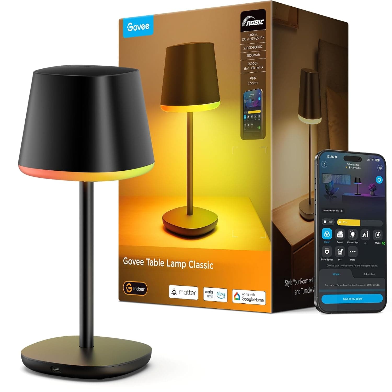 Govee Table Lamp Classic, Smart Cordless Lamp with Rechargeable Battery | RGBICWW Nightstand Lamp,72 Scene Modes, 500Lm, 2700-6500K,Work with Matter, Alexa,Google Assistant, for Living Room, Bedrooom