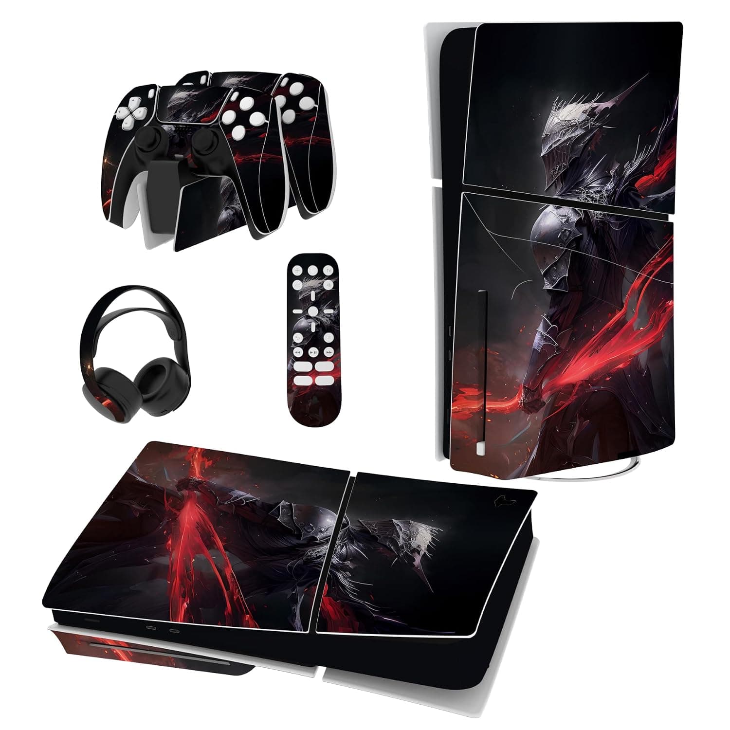 PlayVital Full Set Skin Sticker for ps5 Slim Console Disc Edition (The New Smaller Design), Vinyl Skin Decal Cover for ps5 Controller & Headset & Charging Station & Media Remote - Abyss Knight