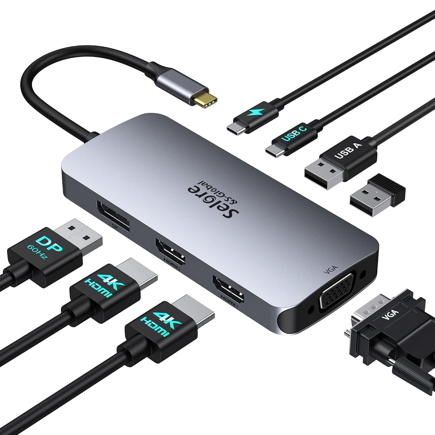 Laptop Docking Station Dual Monitor, 2HDMI, DP, VGA for Windows Laptops | Selore USB C Docking Station, Dual 4K HDMI Adapter for 2 monitors, 100W PD Charging, 3×USB 2.0, Multi Monitor Laptop Dock