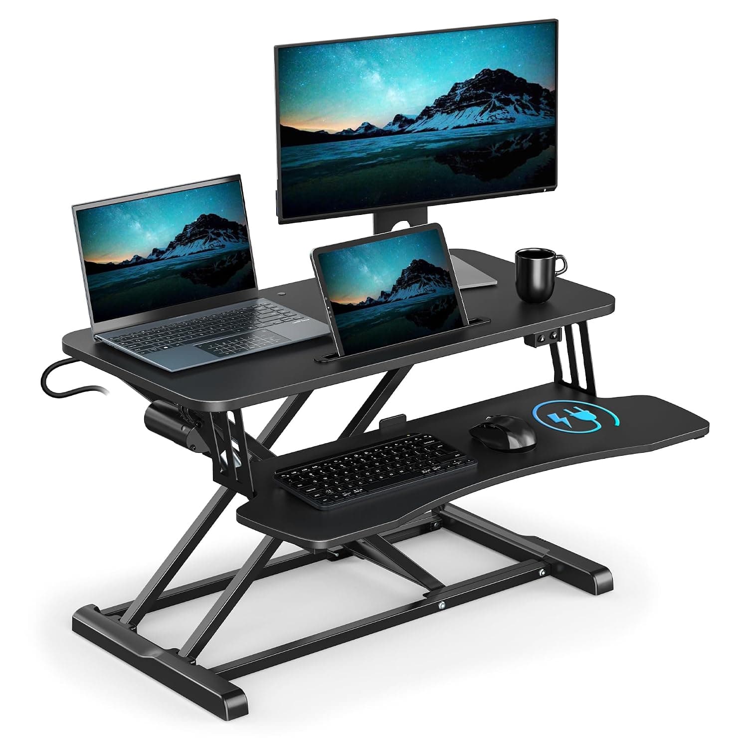 VonHaus Electric Standing Desk Converter, Height Adjustable Two Tier Computer Workstation w/Keyboard Shelf, Dual Monitor Sit Stand Riser w/Controls & Tablet Holder, 80x40cm & 20kg Capacity (Black) | Two Tier Computer Workstation w/Keyboard Shelf, Dual Monitor Sit Stand Riser, Up Down Controls & Tablet Holder
