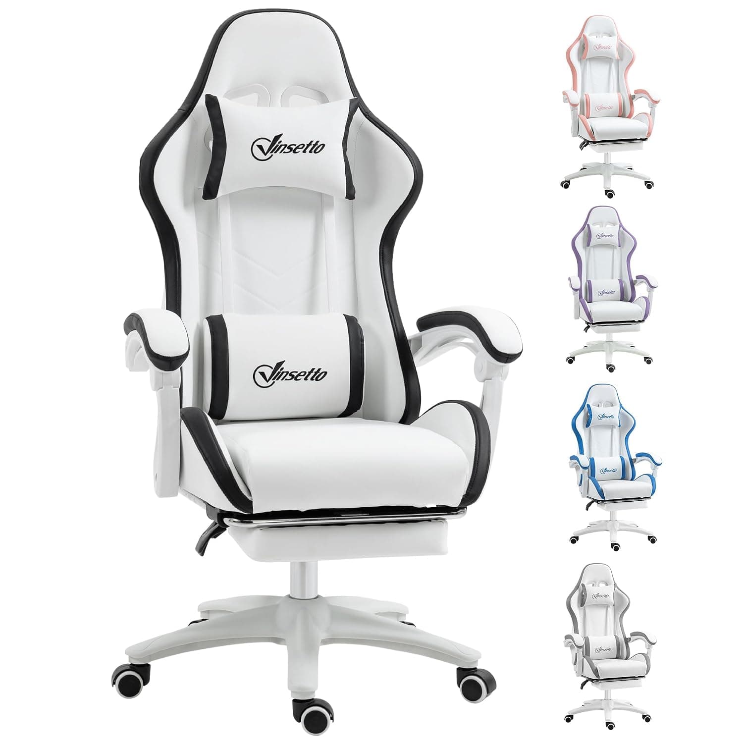 Vinsetto Gaming Chair with Reclining High Back, Footrest, White and Black | Computer Gamer Chair, Headrest, Lumbar Support, Swivel Wheels, PU Leather, Adjustable Height, for Home