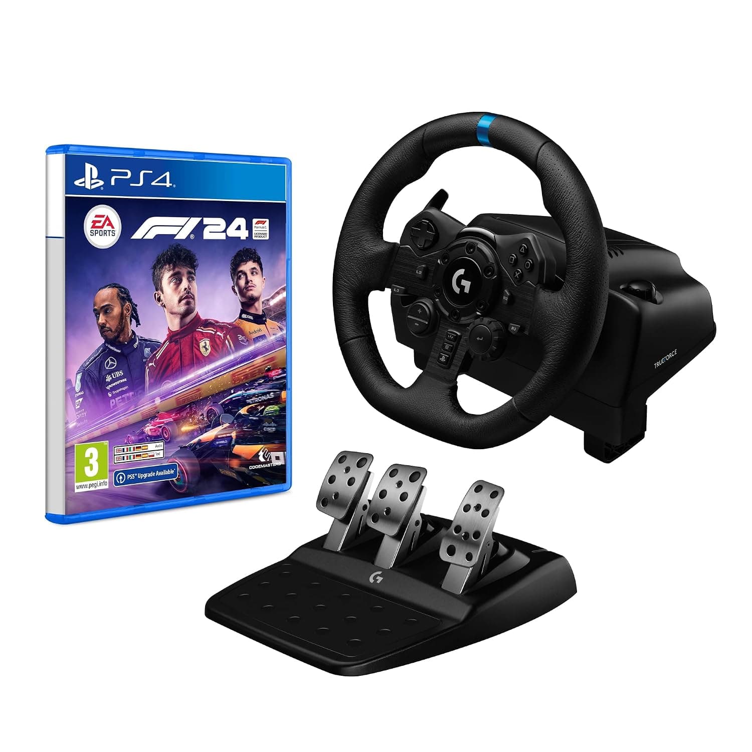Logitech G G923 Racing Wheel and Pedals, TRUEFORCE up to 1000 Hz Force Feedback, Responsive Driving Design, for PS5, PS4, PC, Mac - Black + EA SPORTS F1 24 Standard Edition PS4 | VideoGame | English | Racing Wheel and Pedals, TRUEFORCE up to 1000 Hz Force Feedback, for PS5, PS4, PC, Mac + Video Game (English)