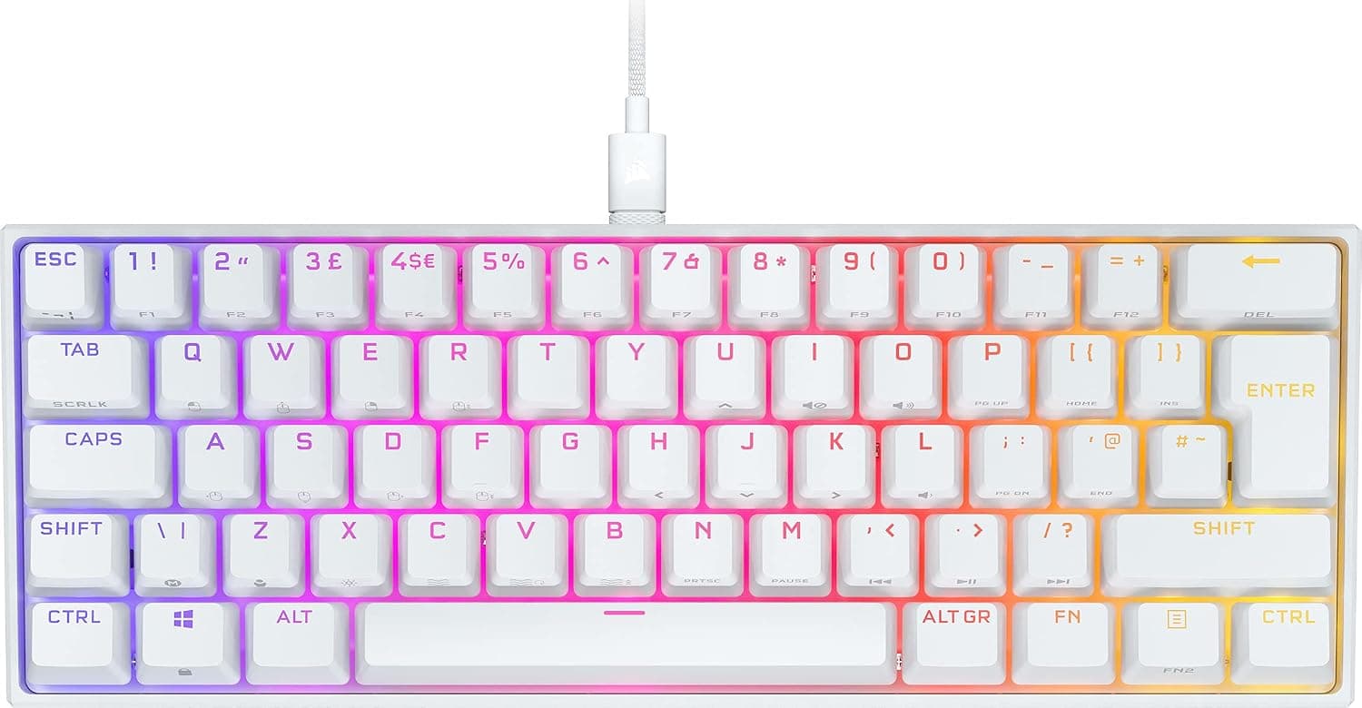 Corsair K65 RGB MINI 60% Mechanical Wired Gaming Keyboard – CHERRY MX RED Linear Switches – PBT Double-Shot Keycaps – iCUE Compatible – QWERTY UK – PC, Mac, Xbox – White