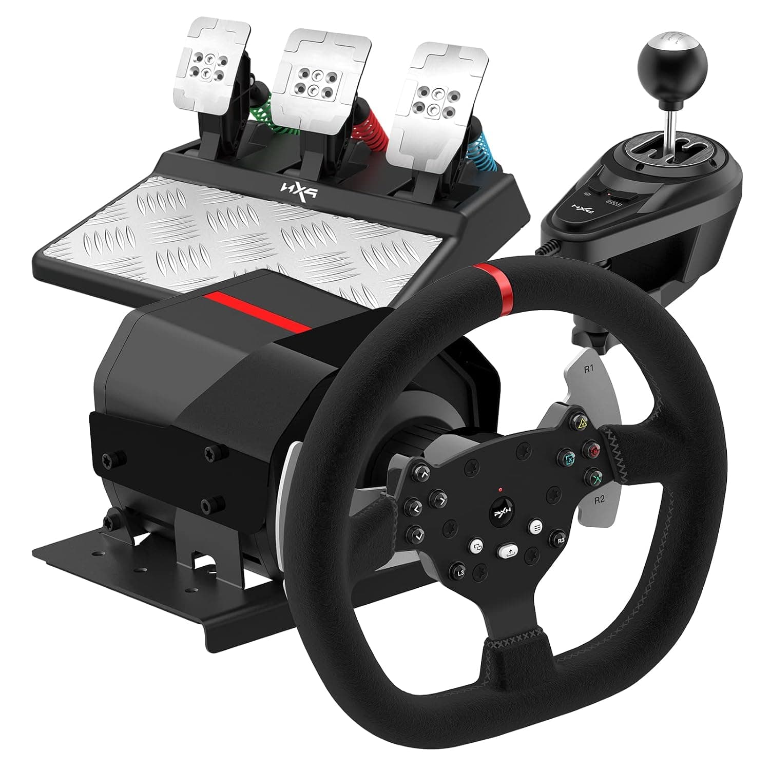 PXN V10 Force Feedback Gaming Steering Wheel and Pedals and Gear Shifter, 270/900° Racing Wheel, Suede Leather Gaming Wheel, Steering Wheel for PC, PS4, Xbox One, Xbox Series X/S