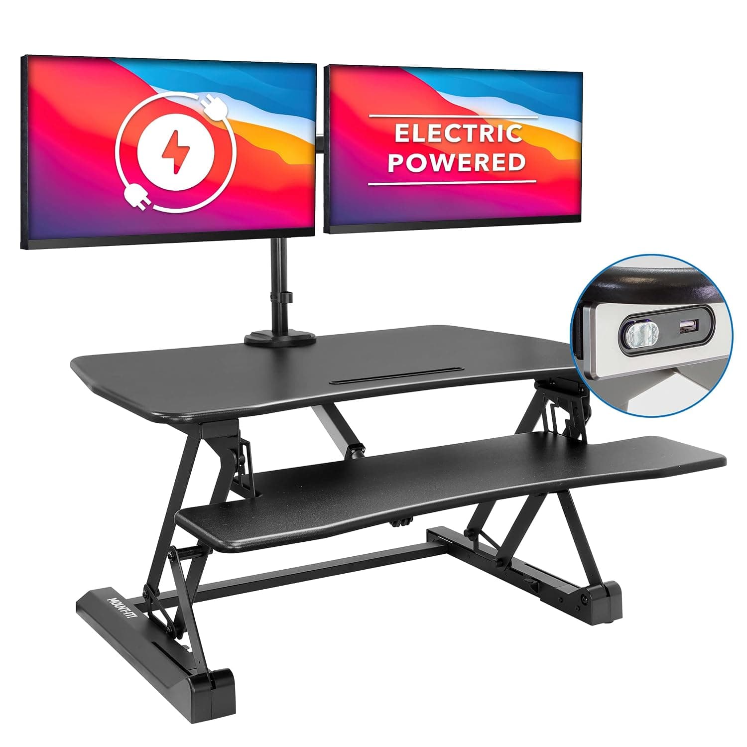 Mount-It! Electric Stand Up Desk Converter with Dual Monitor Arm, Motorized Standing Desk Riser with Monitor Mount for 2 Screens max 32", Desktop Standing Desk with Keyboard Tray, USB Charging, Black