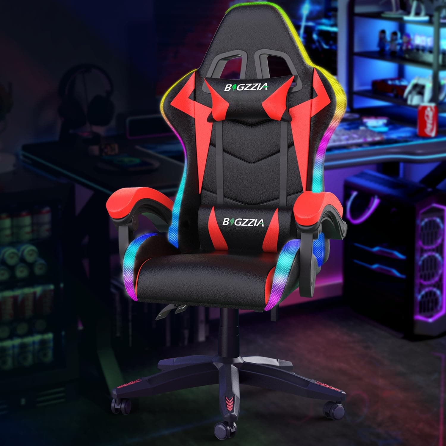 Bigzzia RGB Gaming Chair with LED Lights and Ergonomic Computer Chair Reclining PU Leather High Back Video Game Chair (Black and red, With RGB Lights)