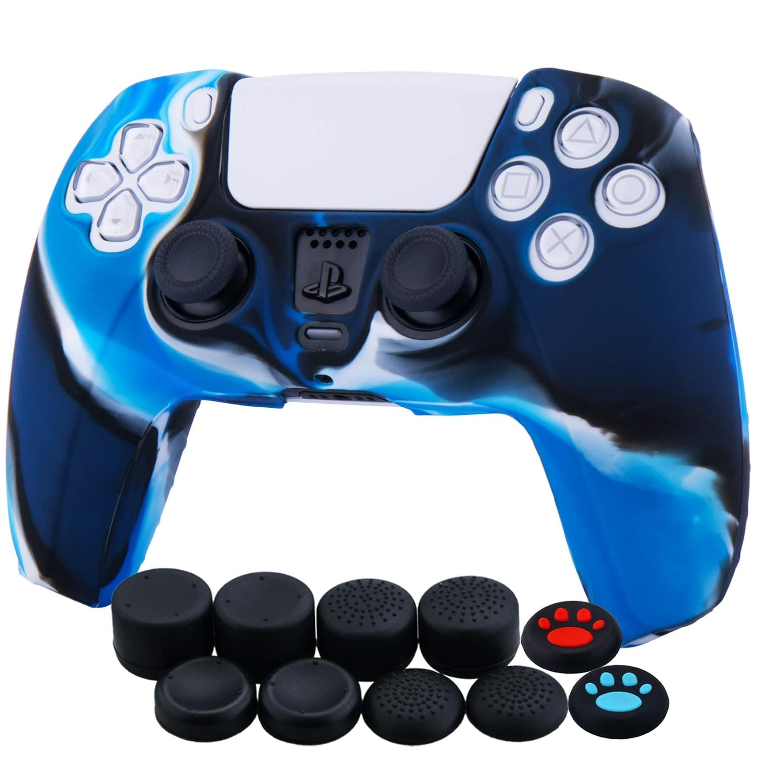 YoRHa Silicone Cover Skin Case for PlayStation 5 PS5 Controller x 1(Camouflage Blue) with Thumb Grips x 10