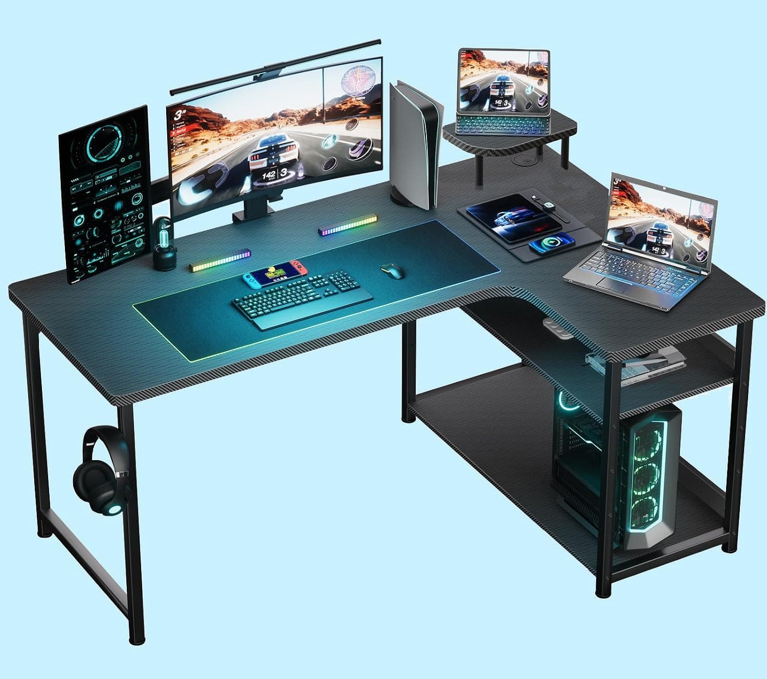 GTRACING Gaming Desk L-Shaped Carbon Fiber Style Compatible with Monitor Arm Storage Shelves Corner Gaming Table for Home Office Easy to Assemble Adjustable Shelf