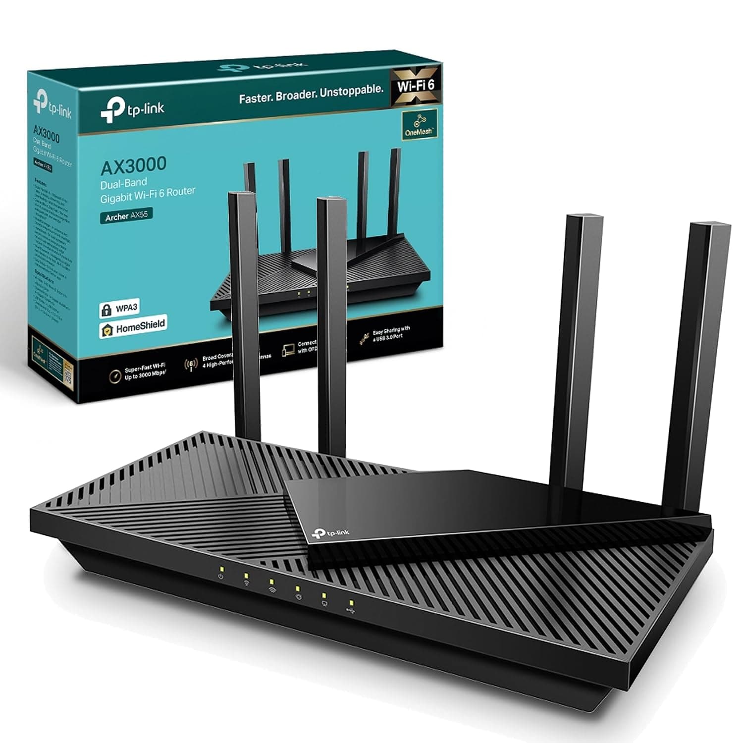 TP-Link Archer AX55 WiFi 6 Router, AX3000 Mbps wifi Booster, Dual Band Gigabit Ports, Internet Booster, Wi-Fi Extender, Ultra-Low Latency, 160MHZ Bandwidth, EasyMesh Compatible, Works with Alexa
