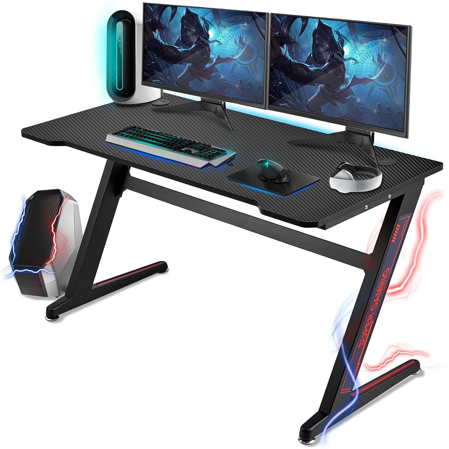 Huracan Gaming Desk Racing Computer Gaming Desk Large Gaming Office Desk Z-Shaped Gaming Table, Carbon Fiber Look, Steel Frame, Computer Workstation for Home Office Gaming Setup, 120 x 60 cm Desktop