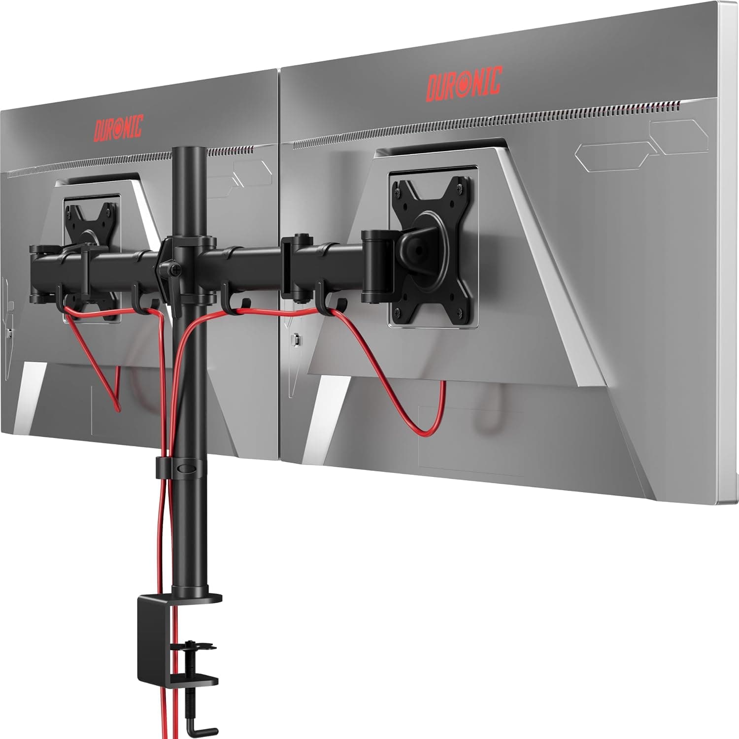 Duronic DM252 BK Dual Monitor Arm Desk Mount, Height Adjustable Ergonomic Stand 13-27 Inch Screens, Tilt Swivel 360° Rotation, Cable Management, VESA 75/100, 8kg per Arm, C-Clamp, Black, Home Office