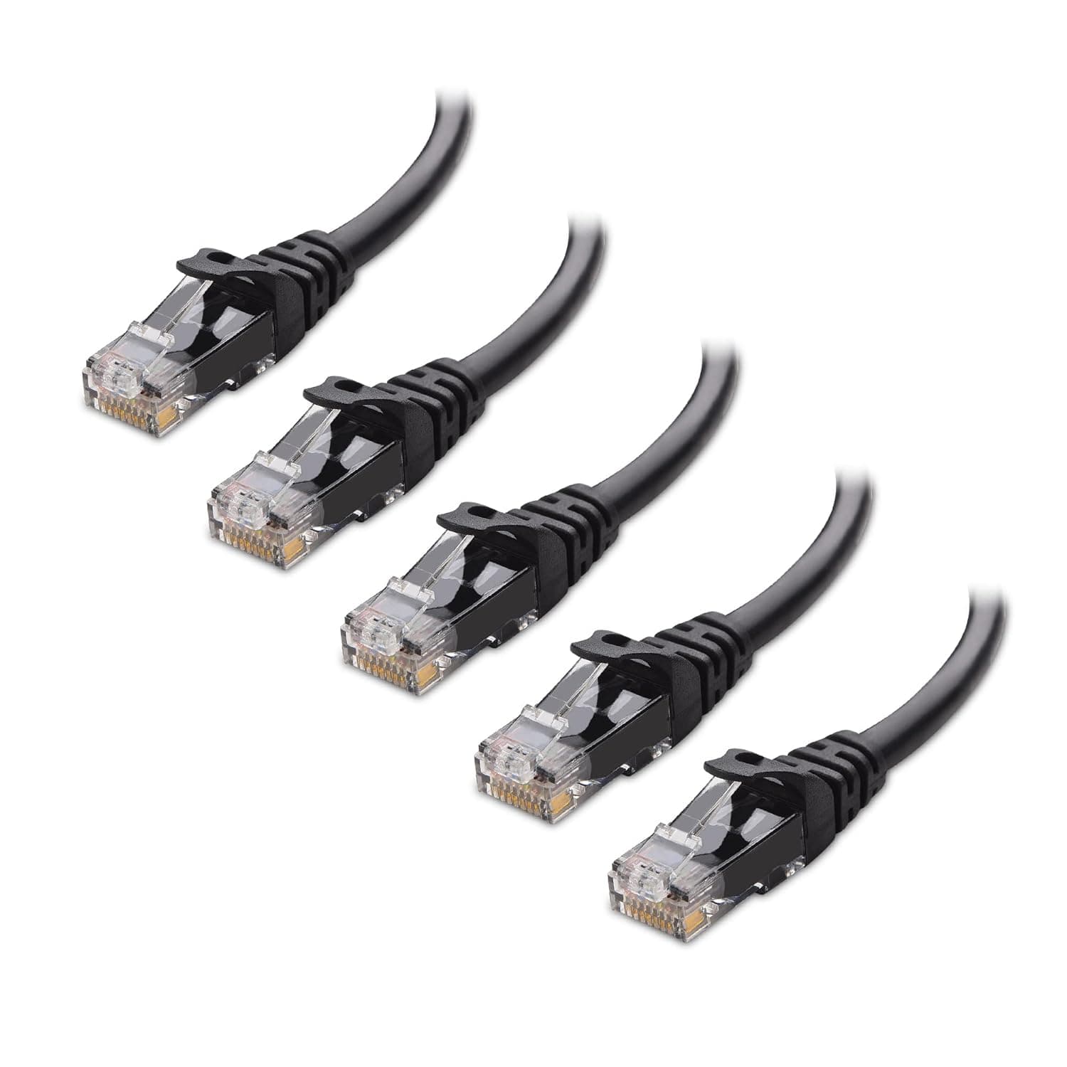 Cable Matters 5-Pack 10Gbps Snagless Cat 6 Ethernet Cable, 0.3m, Black | 24 AWG Bare Copper, Gold-Plated RJ45 Contacts, 550MHz, PoE++, Cat6 LAN Cable for Routers, Switches and PCs