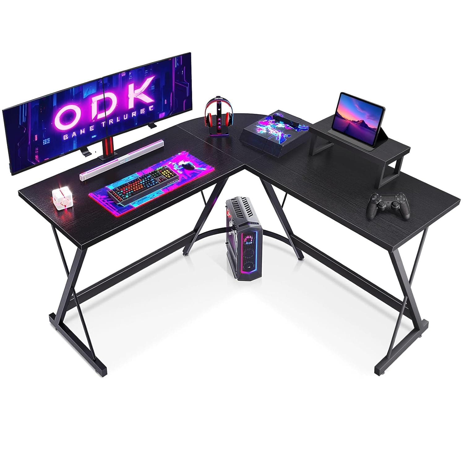 ODK L Shaped Gaming Desk,127×127 cm, Black | Corner Computer Desk with Monitor Stand for Gaming, Home, Office, Easy Assembly Design