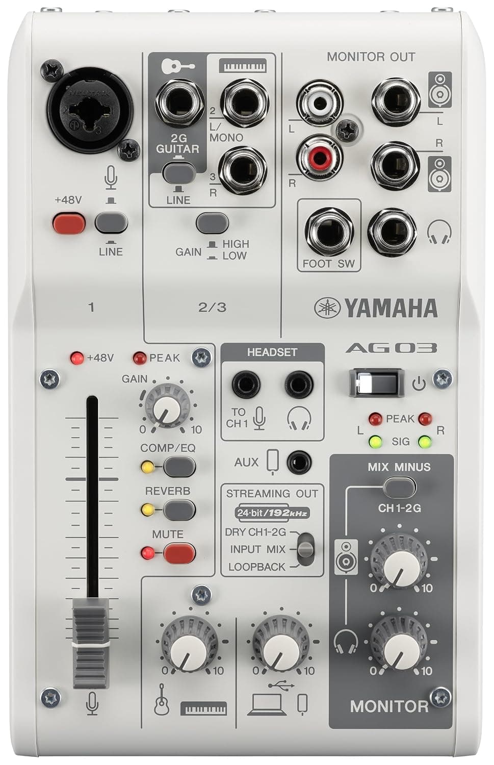 Yamaha AG03MK2 3-Channel Live Streaming Mixer with USB Audio Interface, for Windows, Mac, iOS and Android, in White