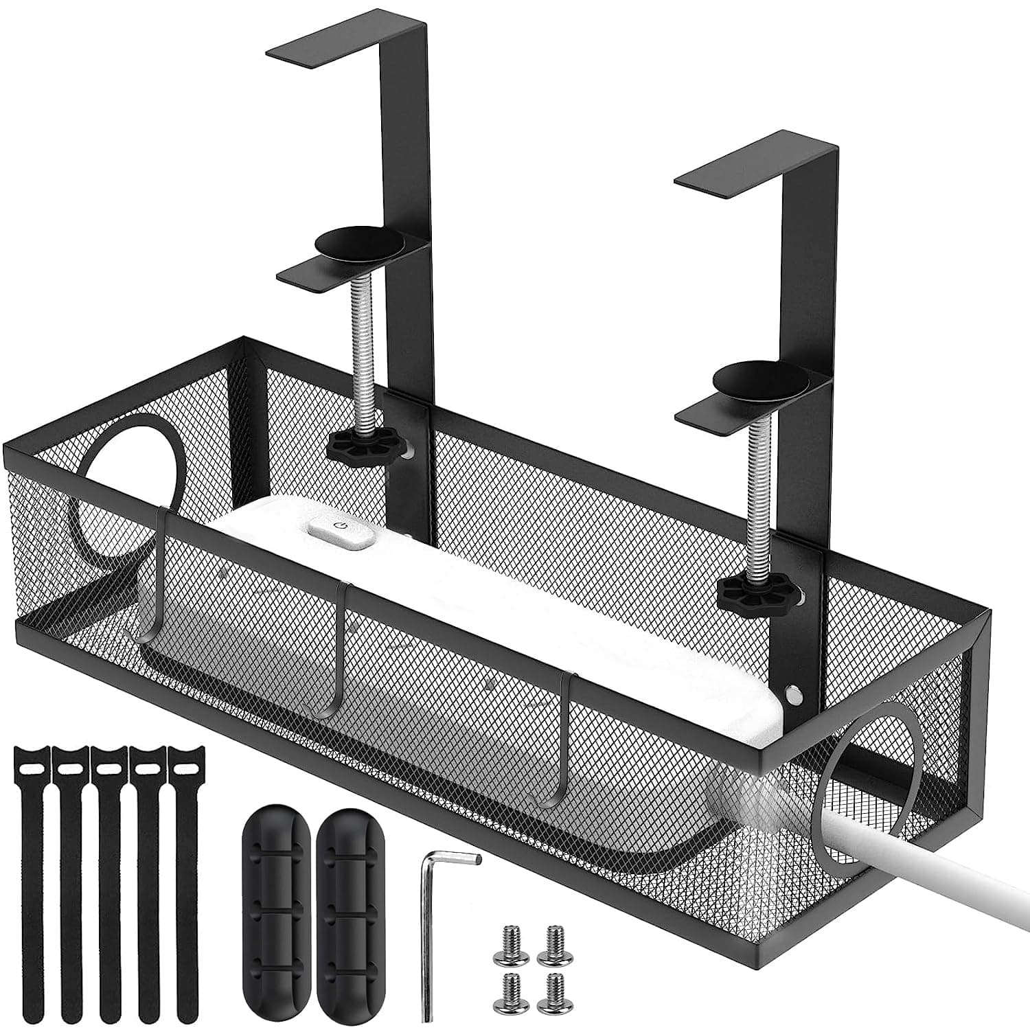 Cable Management Tray Under Desk,Ompinda No Drill Metal Mesh Under Desk Wire Management Box Cable Management Rack with Clamp Mount for Office or Home